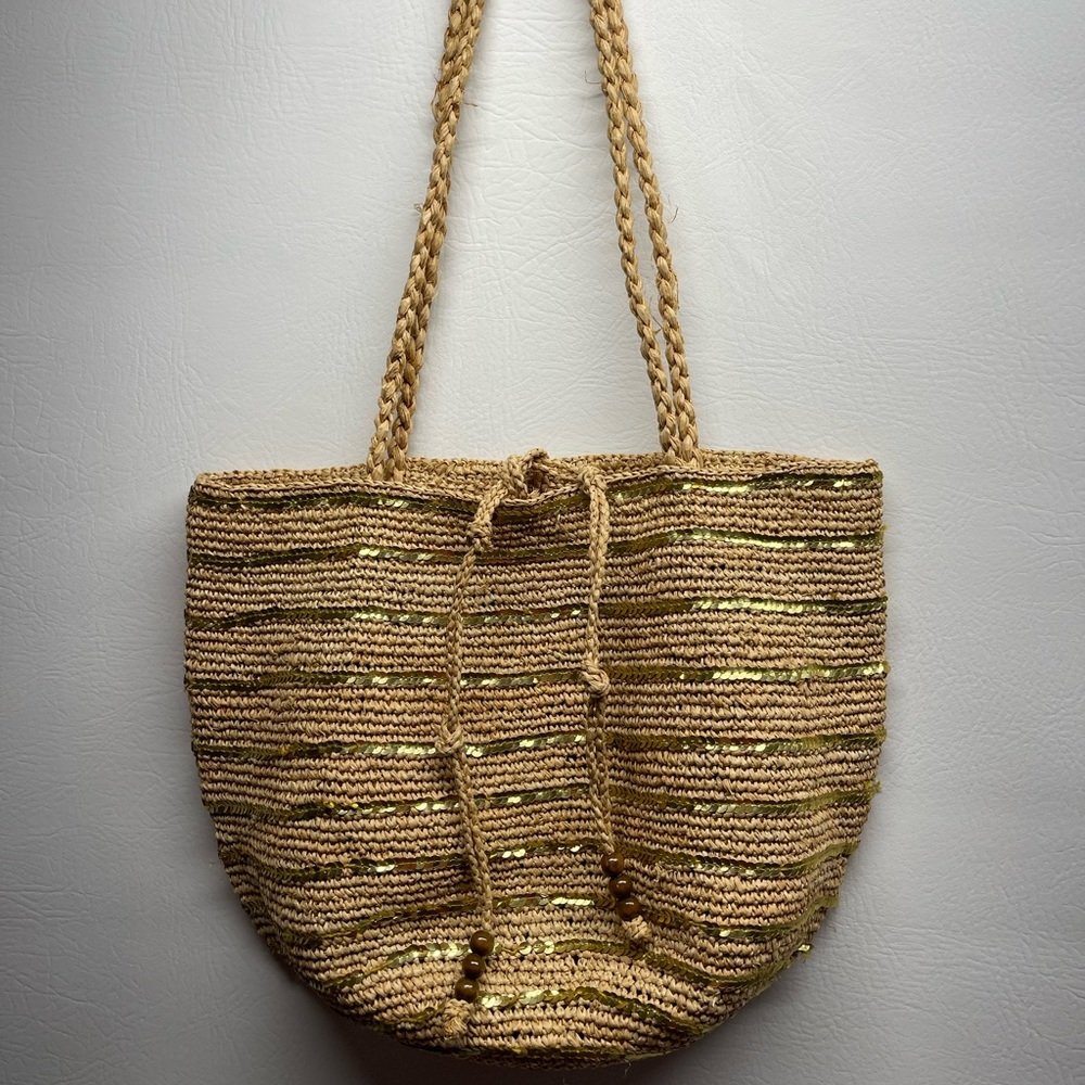 J. Crew Straw Tote Bag with Gold Threading